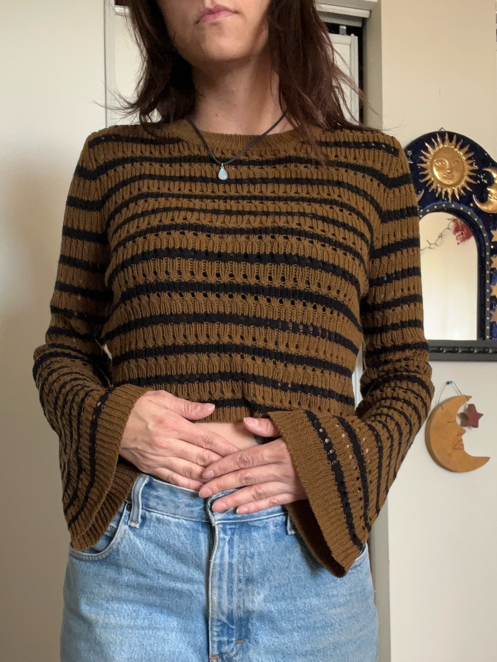 Cider Striped Bell-Sleeve Crop Sweater - Brown & Black